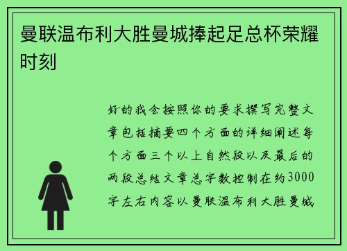 曼联温布利大胜曼城捧起足总杯荣耀时刻