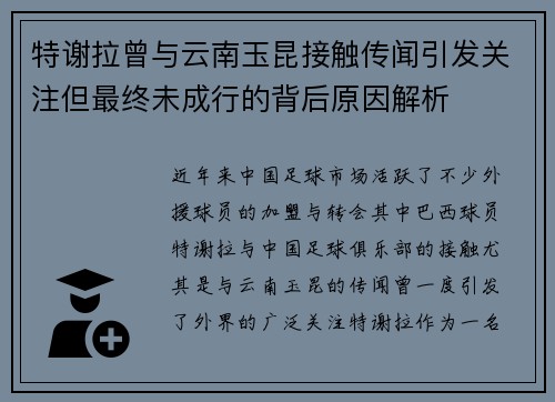 特谢拉曾与云南玉昆接触传闻引发关注但最终未成行的背后原因解析
